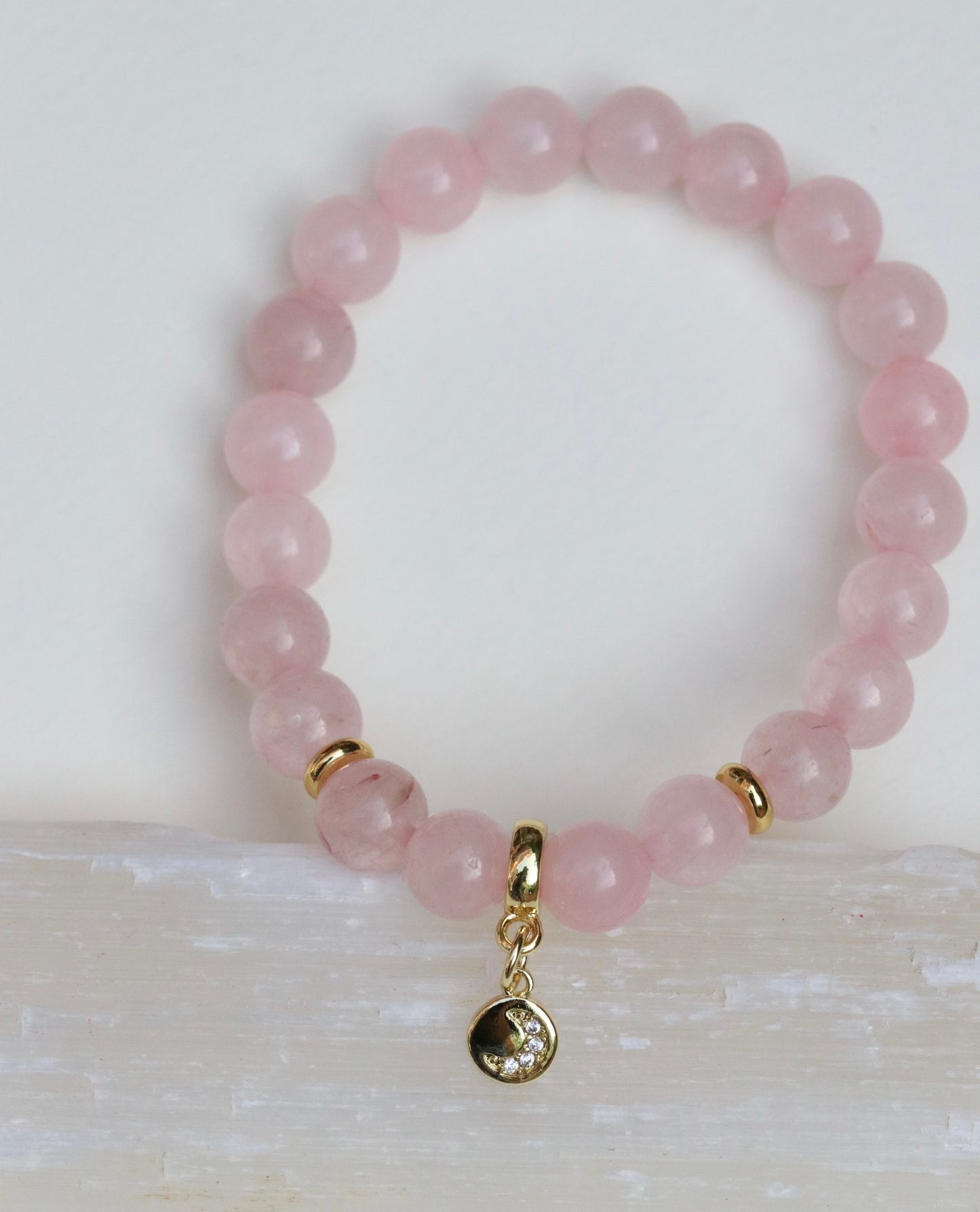 Rose Quartz Bracelet With CZ Moon Charm