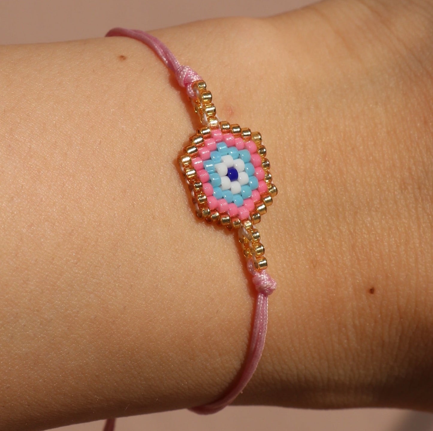 Evil Eye Seed Bead Bracelet (Pink)